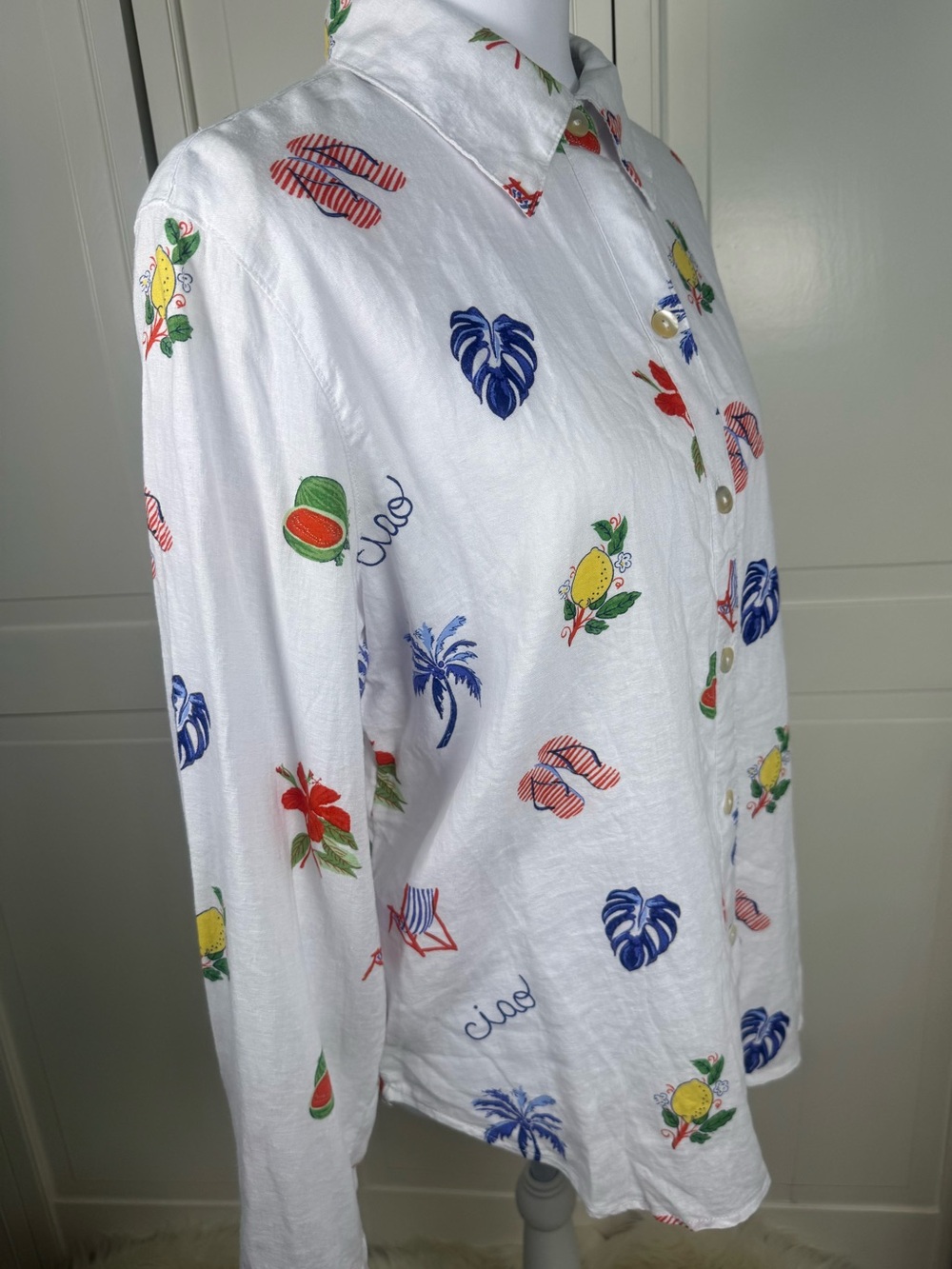 C&C California Women’s Large Linen Rayon Button Down Shirt Fruit Tropical Print - Picture 3 of 8